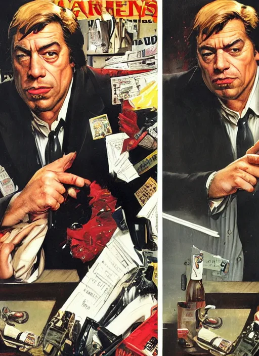 Prompt: full body and head portrait of javier bardem as kingpin, dynamic action, painted by norman rockwell and phil hale and greg staples and tom lovell and frank schoonover and jack kirby