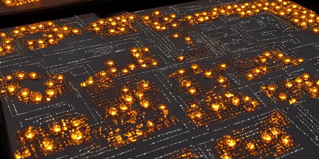 Image similar to 9-track machines made of digital grids and glowing stones with embedded LEDs. amber glowing screens.