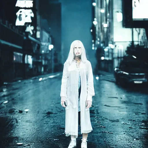 Image similar to white haired girl, dark eye liner, scar, future, dystopian, rain, city scape