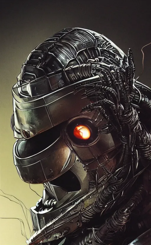 Prompt: a close up sci fi horror quarter - length portrait of mf doom reptile eyes fused into massive wires and wearing sci fi armor, cinematic lighting, smooth, high detail, glowing eyes, studio quality, highly detailed, centered, by alexandros pyromallis, fog volumes, metal panels, greeble detail, frank frazetta, cgsociety