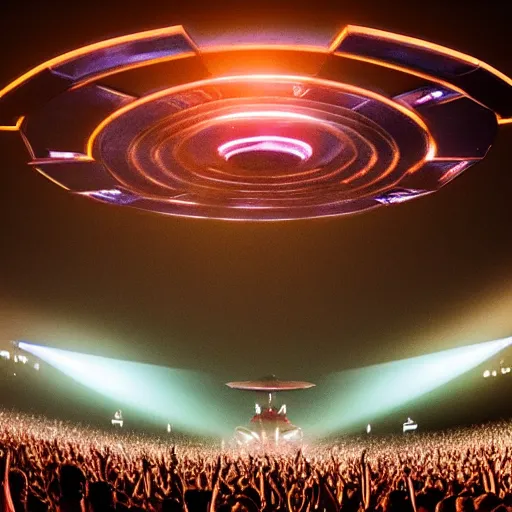 Prompt: huge mothership UFO hovering over a dancing crowd, crowd arms raised, spotlights shining down, atmospheric, vanishing point perspective, hyper realistic, 8k, epic composition