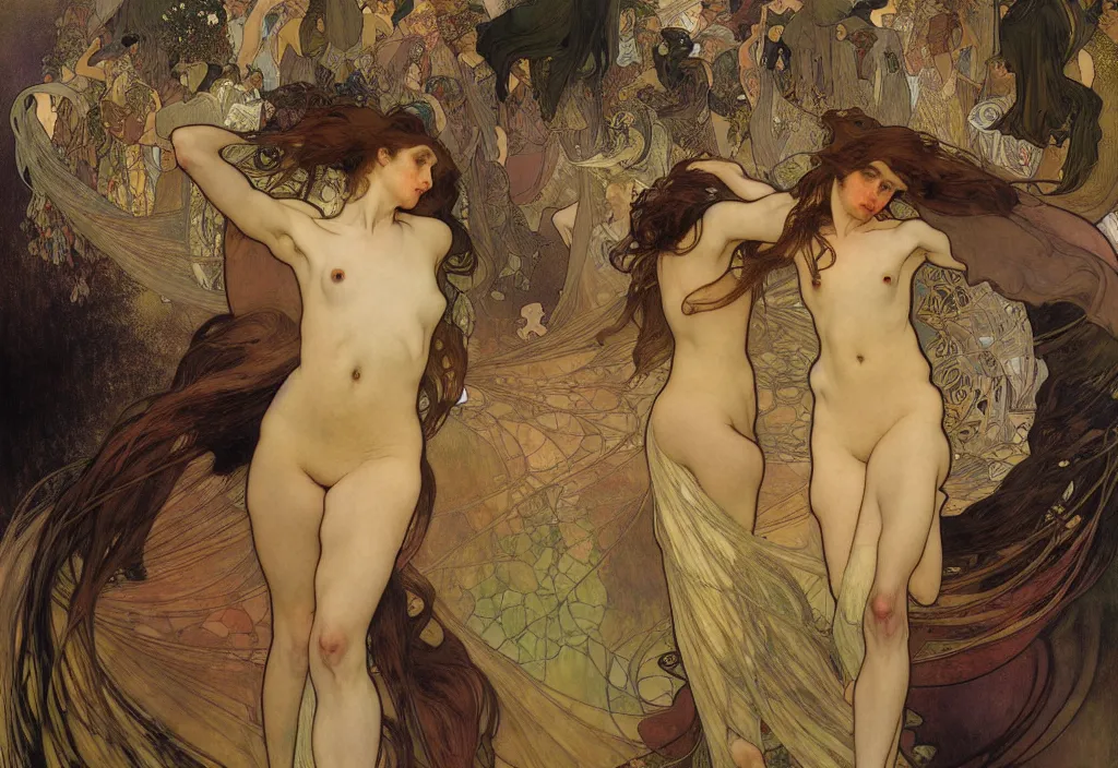 Prompt: the mass migration of souls, by egon shiele and alphonse mucha, with influence of jeremy mann, peter lindbergh, dave mckean, maurice sapiro, and frank moth, soft lightning, highly detailed, 8 k