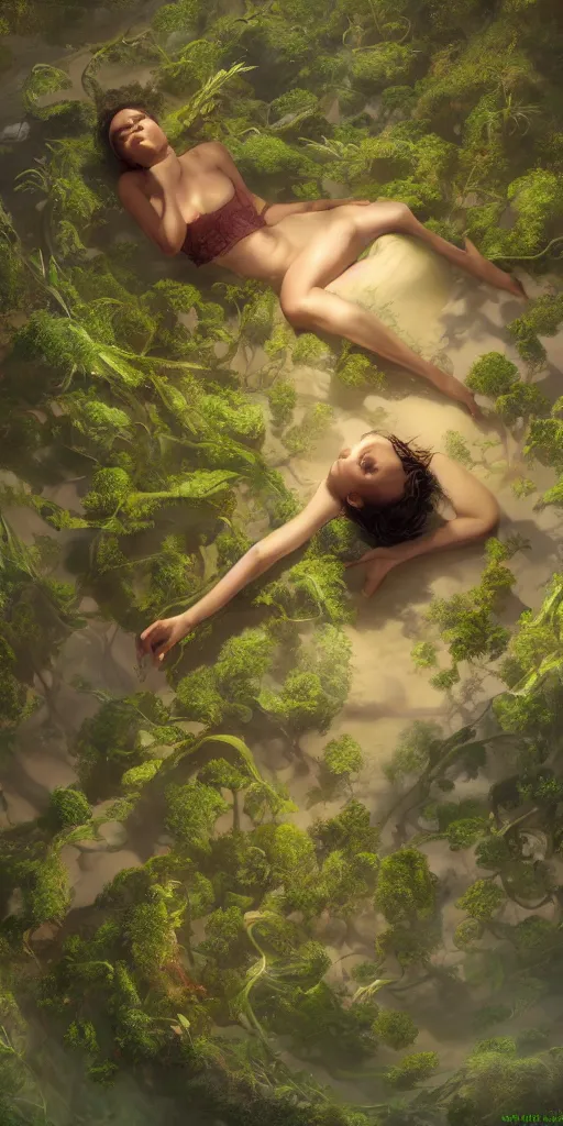 Prompt: top view, full body, lying beautiful mulatto girl inside the venus flytrap, gorgeous, intricate, volumetric lighting, scenery, digital painting, highly detailed, artstation, concept art, ruan jia, steve mccurry, ultra detailed painting at 16K resolution and epic visuals, epically surreally beautiful image, amazing effect