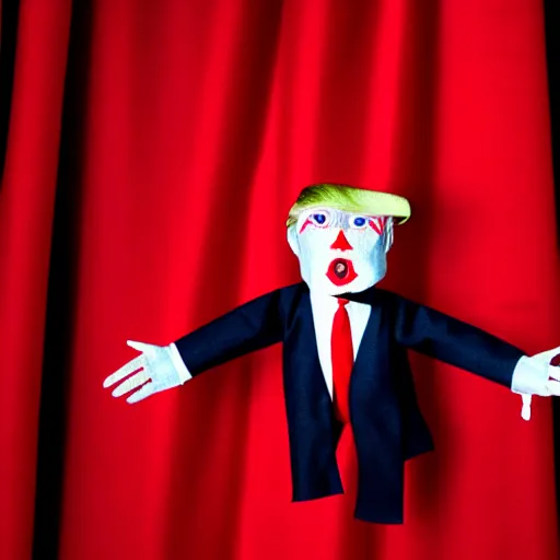 Prompt: photo of trump as a fabric puppet in with an elegant red curtain behind, realistic cloth puppet, intricate detail, photorealistic, highly detailed, cinematic atmosphere, dramatic