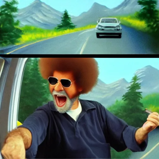 Prompt: bob ross screaming in rear view mirror road rage