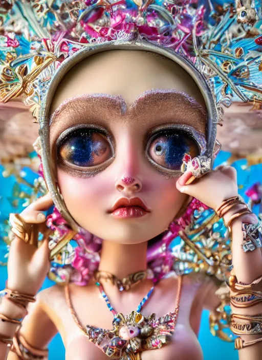 Image similar to closeup portrait of tin toy fairytale princess bikini, depth of field, zeiss lens, detailed, symmetrical, centered, fashion photoshoot, by nicoletta ceccoli, mark ryden, lostfish, breathtaking, 8 k resolution, extremely detailed, beautiful, establishing shot, artistic, hyperrealistic, octane render