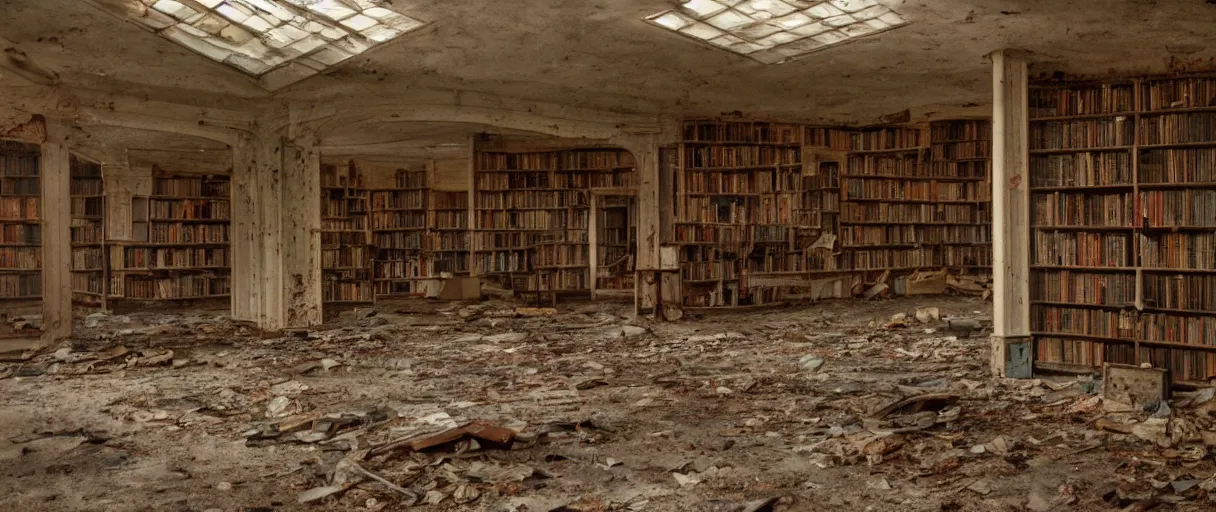 Prompt: movie still 4 k uhd 3 5 mm film color photograph of an abandoned 1 9 5 0's era library, dusty, dank