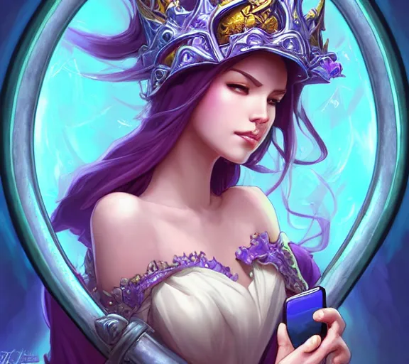 Prompt: bored queen checking her cell phone phone, fantasy, whimsical, dungeons and dragons, league of legends splash art, heroes of the storm splash art, hearthstone splash art, world of warcraft splash art, overwatch splash art, art by artgerm, art by alphonse mucha, intricately detailed, highly detailed, trending on artstation, 4 k, wallpaper