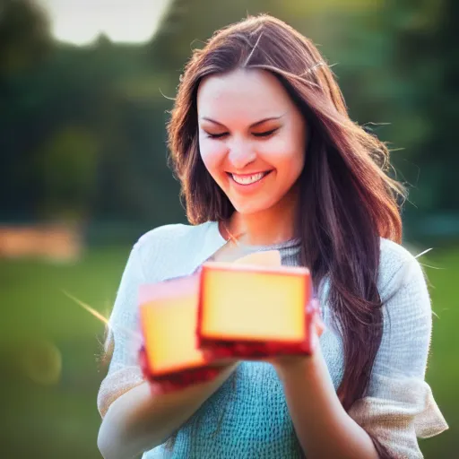 Prompt: beautiful advertising photo of a woman holding scented soap bricks up to the viewer, smiling, summer outdoors photography at sunrise, bokeh, bloom effect