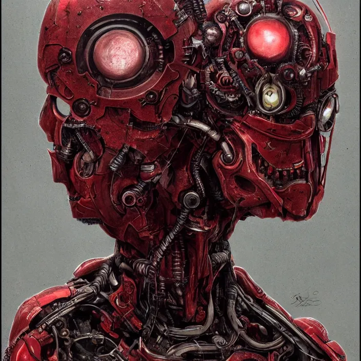 Image similar to in the art style of h. r. giger a portrait of a ruby ultron from age of ultron, clockwork steampunk, head and chest only, by beksinski, 4 k, deviantart, trending on artstation