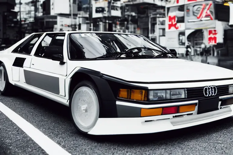 Image similar to a Giorgetto Giugiaro designed, single 1988 Audi Quattro, BMW M1 Lincoln Continental, race footage on Tokyo streets, volumetric lighting, f8 aperture, cinematic Eastman 5384 film