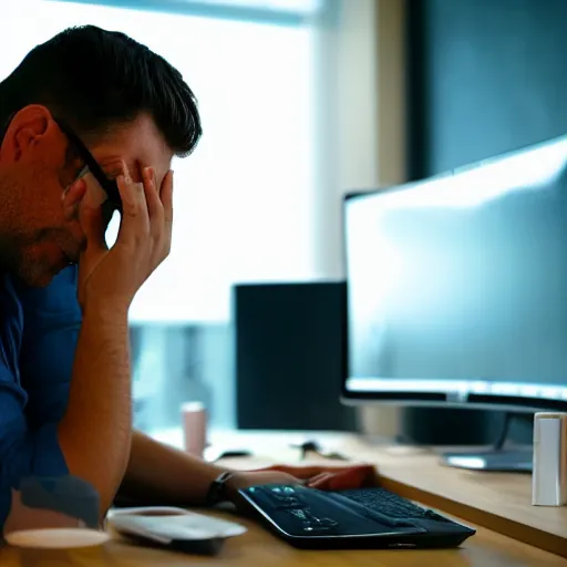 Image similar to detailed photorealistic with bokeh, and cinematic lighting of detailed man sitting while crying because stuck in front of his computer because programming.