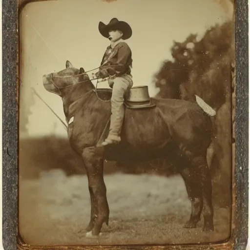 Image similar to tintype photo, bottom of the ocean, cowboy riding pig