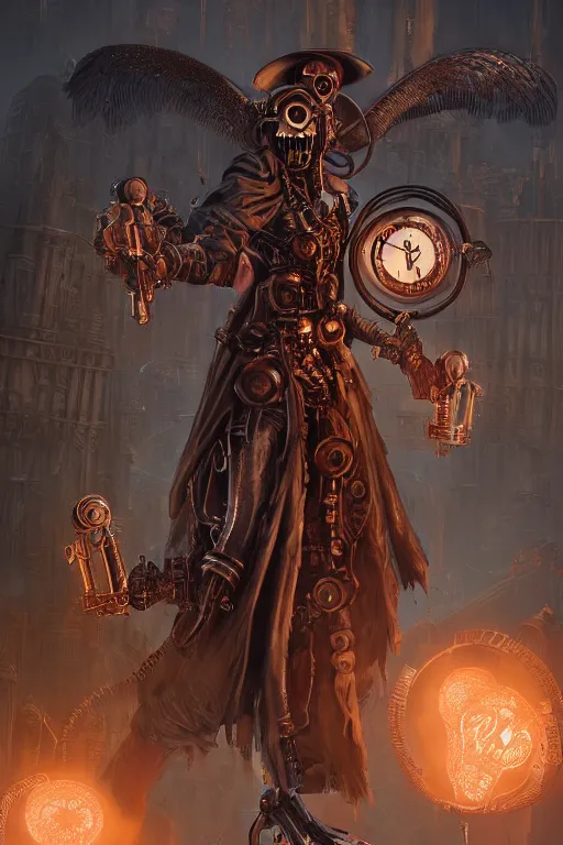 Image similar to steampunk artdeco grim reaper, hyper detailed, bioluminescent, background fortress, digital art, trending in artstation, cinematic lighting, studio quality, smooth render, unreal engine 5 rendered, octane rendered, art style by ian sprigger and cushart and archan nair, jack kirby and simon bisley, physically based rendering