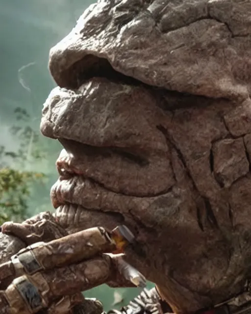 Image similar to cinematic, 4 k, full body portrait, rock golem as a soldier, on break smoking a cigarette, still from the movie predator