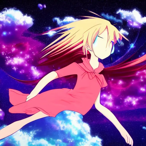 Image similar to Anime girl flying through space with a lucid dream feeling, cinematic, beautiful colours, pretty composition