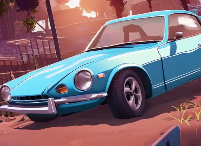 Image similar to a cartoon 1 9 7 0 datsun 2 4 0 z in fortnite, unreal engine