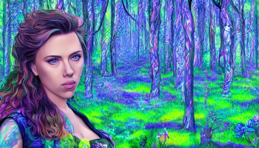 Prompt: landscape scarlett johansson in psychodelic dmt lsd forest, photorealistic, artgerm, artwork by Arian, Mark