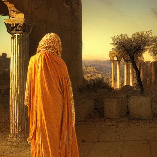 Prompt: Beautiful Arabian woman with a veil in the desert looking out of her arabian balcony towards greek ruins of temples at sunset. Painting by gustave dore and Rembrandt. Colored painting. Detailed photorealistic painting with dark background.