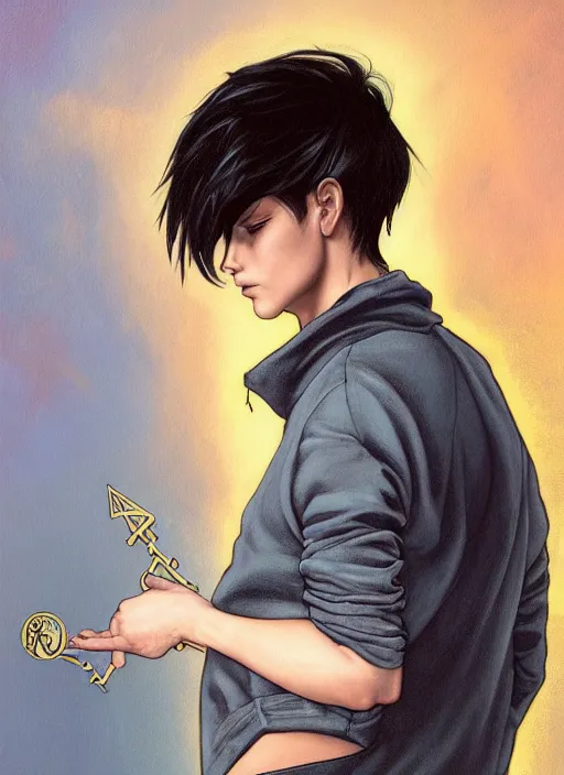 Manhwa style drawing of a greek male god with black hair and tanned skin  wearing a traditional dress and golden jewelry