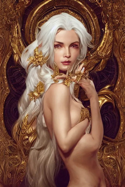 Image similar to fullbody!! of a beautiful woman with white hair, big natural horns on her head, long flowing intricate dress, gold jewellery, dnd, face, fantasy, intricate, elegant, highly detailed, digital painting, artstation, concept art, smooth, sharp focus, illustration, art by artgerm and greg rutkowski and alphonse mucha