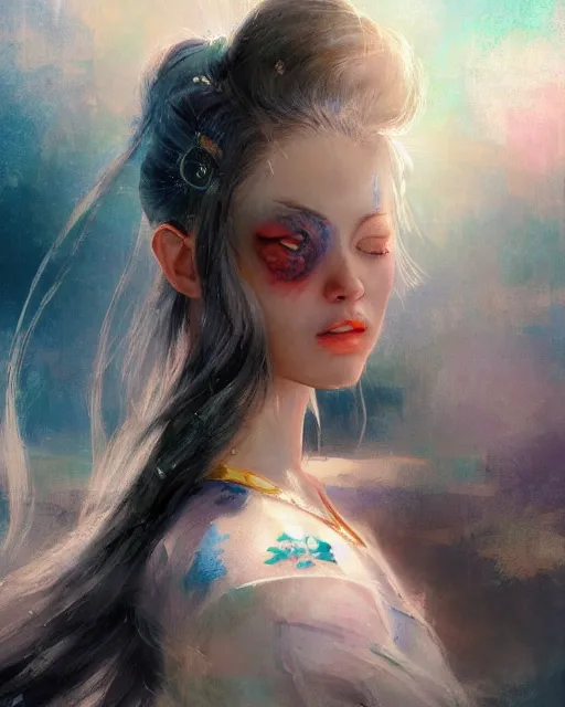 Image similar to a beautiful painting of sailor moon as a real girl, sailor moon hairstyle, oriental tattoos, realism, kawaii, ethereal, by jeremy mann and greg rutkowski, dramatic earth colors, few vivid blue highlights, trending on artstation, pixiv, oil on canvas