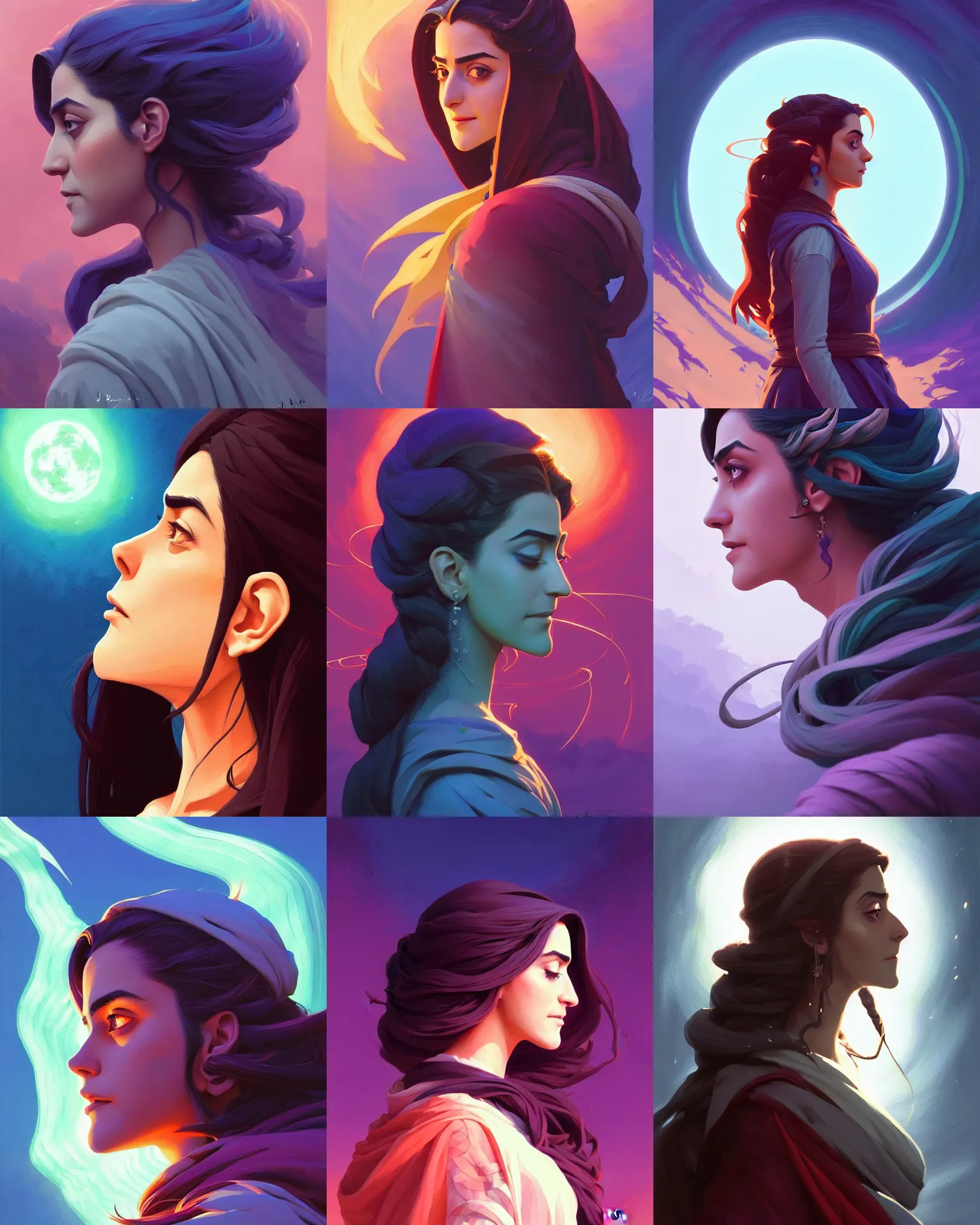 Prompt: side profile centered painted portrait, Maya Ali as a storm sorcerer, D&D, matte painting concept art, beautifully backlit, official fanart, 4k, HDR, Trending on artstation, Behance, Art Nouveau, prismatic colours, by Jesper Ejsing and RHADS and Makoto Shinkai and Lois van baarle and ilya kuvshinov and rossdraws and Cushart Krentz and Gilleard James
