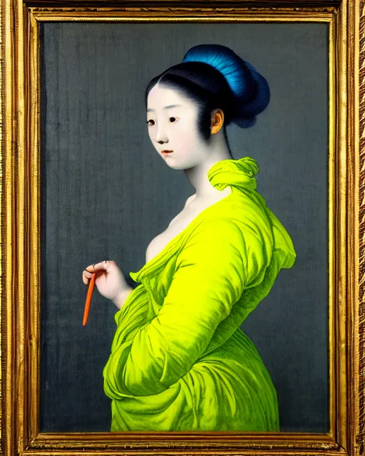 Image similar to photo-realistic portrait of a young asian woman with blue hair buns, wearing a neon yellow dress by Vivienne Westwood, intricate details, masterpiece, in the style of Jean Auguste Dominique Ingres, black background