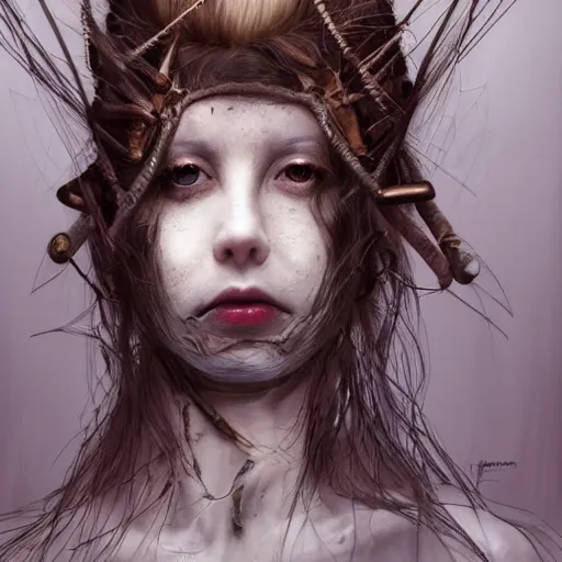 Image similar to portrait of a Shibari barbed wire wrapped face and neck, headshot, insanely nice professional hair style, dramatic hair color, digital painting, of a old 17th century, old cyborg merchant, amber jewels, baroque, ornate clothing, scifi, realistic, hyperdetailed, chiaroscuro, concept art, art by Franz Hals and Jon Foster and Ayami Kojima and Amano and Karol Bak,