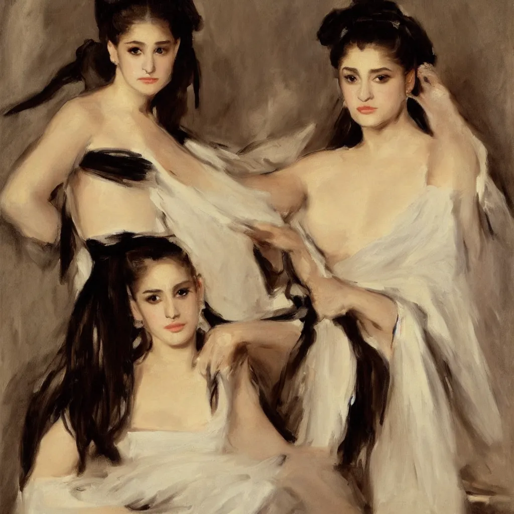 Image similar to portrait, sensual depiction of ariana grande in a toga, black eyes, by john singer sargent