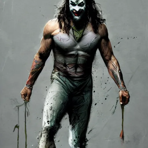 Image similar to jason momoa as joker, full body, dynamic pose, painted by greg rutkowski