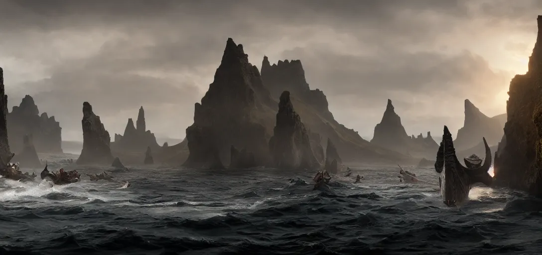 Image similar to vikings landing on the shore of iceland, dramatic lighting, cinematic, establishing shot, extremely high detail, photo realistic, cinematic lighting, post processed, concept art, artstation, matte painting, blizzard studio, wow, style by eddie mendoza, raphael lacoste, alex ross