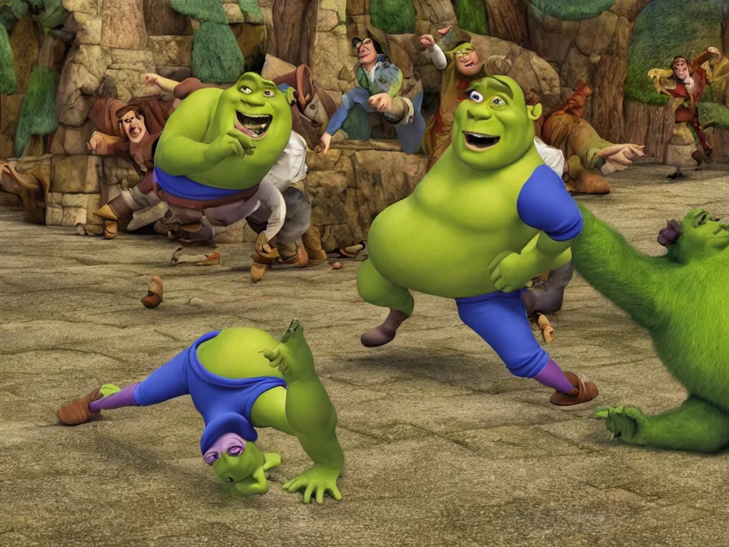 Prompt: shrek breakdancing while lord farquaad is in the back being impressed, High Definition detail, 8K, photography