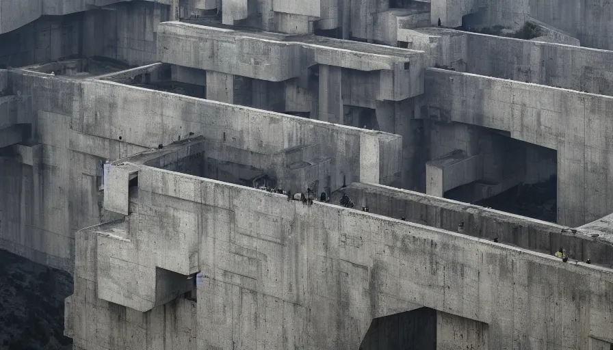 Image similar to big brutalist imperial military base on cliffs, drawing architecture, very long shot, top angle, imperial architecture in rogue one, pritzker architecture prize, brutalism architecture, jan urschel, roger deakins