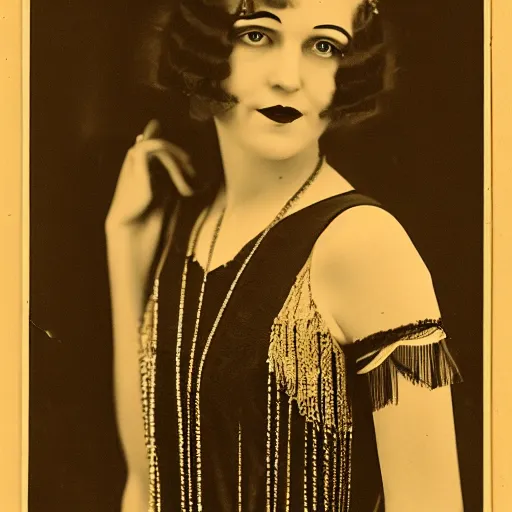 Prompt: a portrait photo of a 1 9 2 0 s woman in a flapper dress, highly detailed, dark, atmospheric, lovecraft