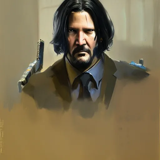 Image similar to greg manchess portrait painting of partially armored john wick as overwatch character, medium shot, asymmetrical, profile picture, organic painting, sunny day, matte painting, bold shapes, hard edges, street art, trending on artstation, by huang guangjian, gil elvgren, ruan jia, greg rutkowski, gaston bussiere