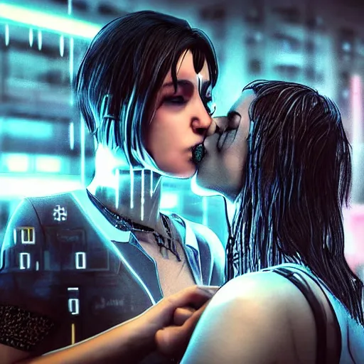 Prompt: cyberpunk lesbians kissing