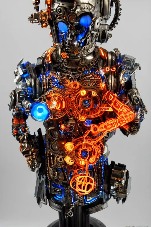 Prompt: full-body cyberpunk style sculpture of a young handsome Spanish prince half android with a chest opening exposing circuitry and a sparking motherboard, glowing blue lasert eyes, crown of mechanical gears and roses, flowing orange-colored silk, fabric, steampunk archways. baroque elements, human skull. full-length view. baroque element. intricate artwork by caravaggio. many many birds birds on background. Trending on artstation, octane render, cinematic lighting from the right, hyper realism, octane render, 8k, depth of field, 3D