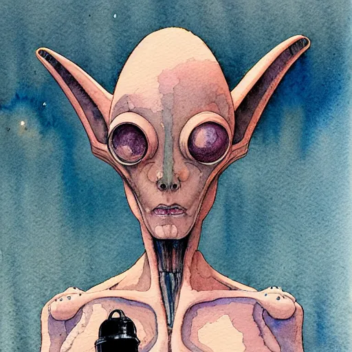 Image similar to a simple and atmospheric watercolour portrait of a pulp sci - fi alien mother bug, very muted colors, by rebecca guay, michael kaluta, charles vess and jean moebius giraud