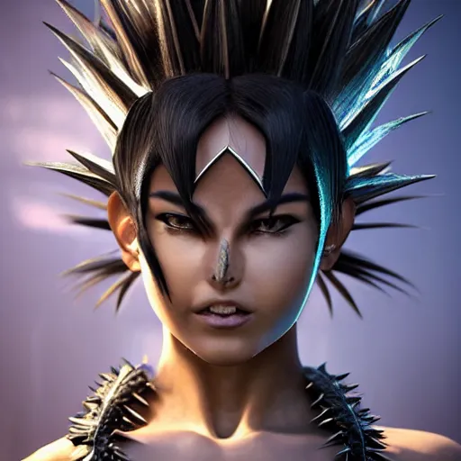 Image similar to warrior girl, muscular girl, wild spiky black saiyan hair, long spiky hair, electrified hair, wearing chrome silver armor and black spandex pants, ultra realistic, intricate details, highly detailed, subsurface scattering, photorealistic, octane render, 8 k, art by artgerm, greg rutkowski, magali villeneuve, alphonse mucha