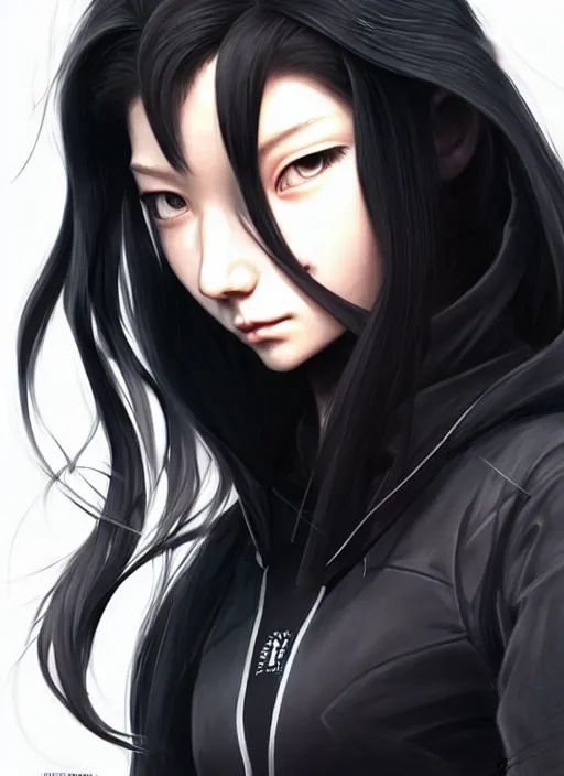 Image similar to full body portrait of long black hair girl within a techwear. cynical face, concept art, character illustrations, intricate, highly detailed 8 k, smooth, sharp focus, beautiful and aesthetic shape of face and body, artgerm, artstation, art by zexi guo and nira and junpei suzuki and gharliera and rinotuna