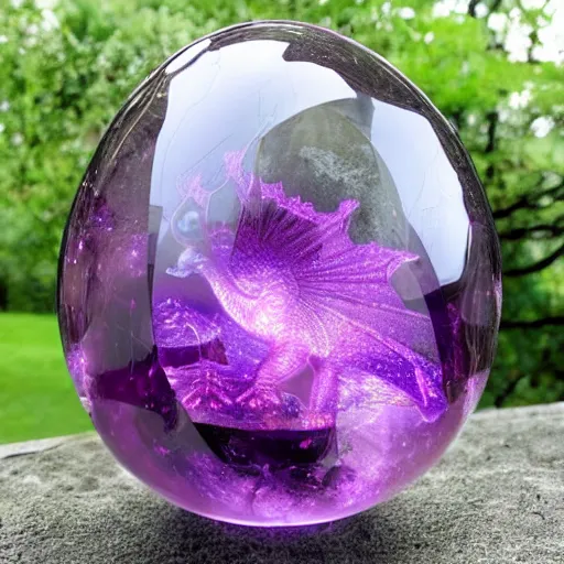 Prompt: crystal transparent dragon egg ( universe inside ) in nest on the wooden table, purple and black colors, solid glass and resin by greg rutkowksi