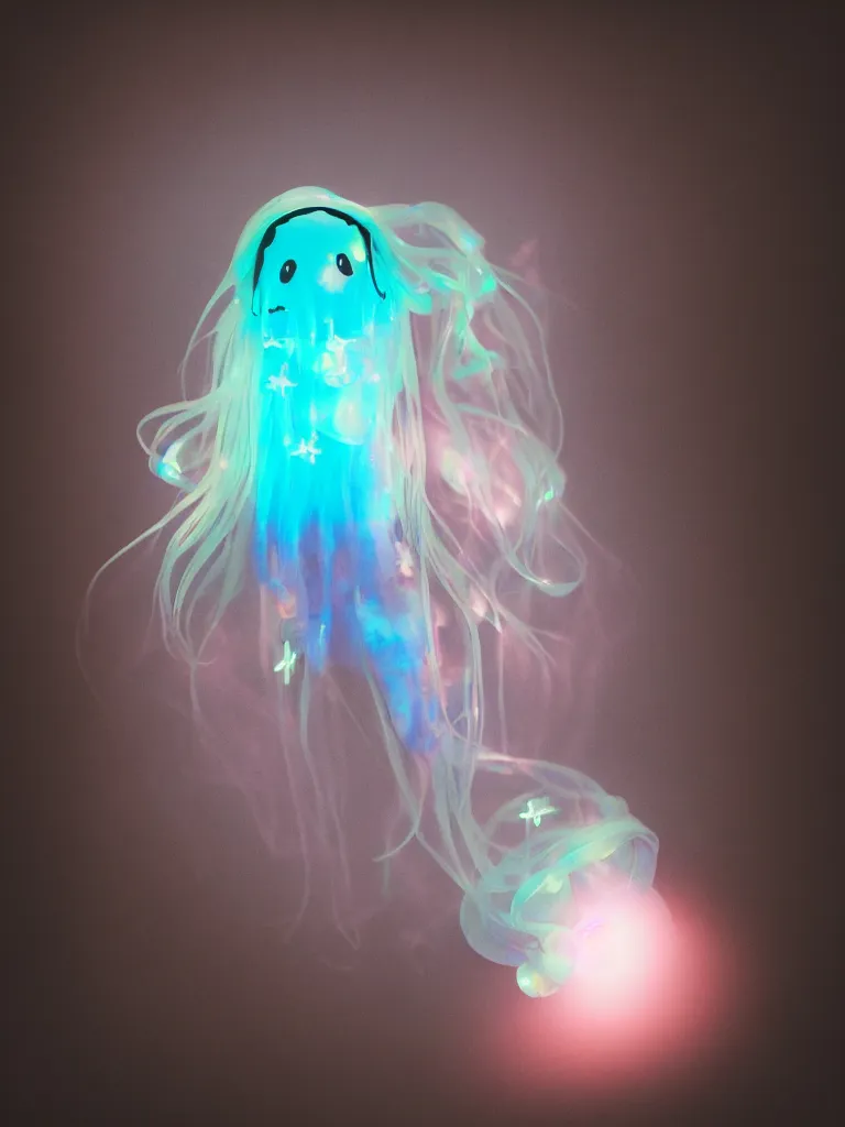 Prompt: cute fumo plush smiling ectoplasmic gothic macabre shiny jellyfish ghost girl, glowing wisps of hazy smoke, lens flare, vignette, refraction, vray