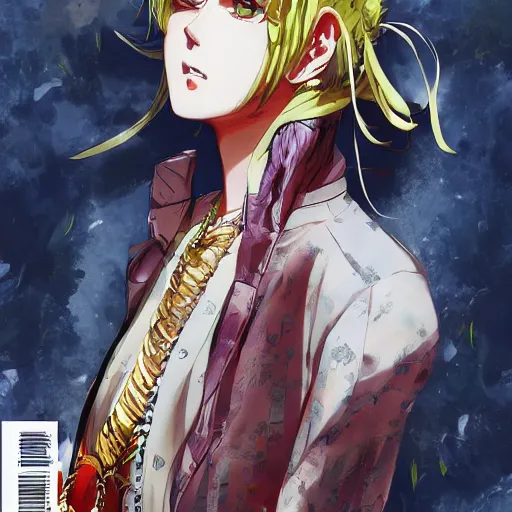 Image similar to Magazine Cover Anime key visual of a Gucci girl; official media; typography; drawn by Hirohiko Araki; Jojo's Bizarre Adventure; Jojolion, portrait, made by Stanley Artgerm Lau, WLOP, Rossdraws, James Jean, Andrei Riabovitchev, Marc Simonetti, Yoshitaka Amano, ArtStation