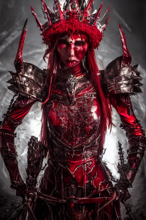 Image similar to the blood crown queen wear the scarlet armor, cinematic lighting, various refining methods, micro macro autofocus, ultra definition, award winning photo