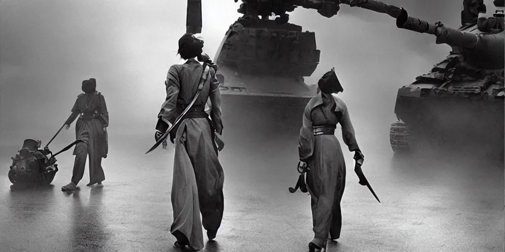 Prompt: modern chicago streets, elegant female samurai ninja, with large sword, open back dress, exposed back, wide hakama trousers, approaches a military tank ww 2 mech robot, by akira kurosawa, black and white, cinematography, movie, fog, atmospheric perspective,