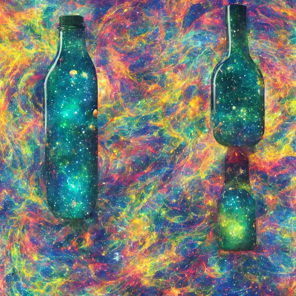 Image similar to the universe contained within a bottle, in a style of mid journey