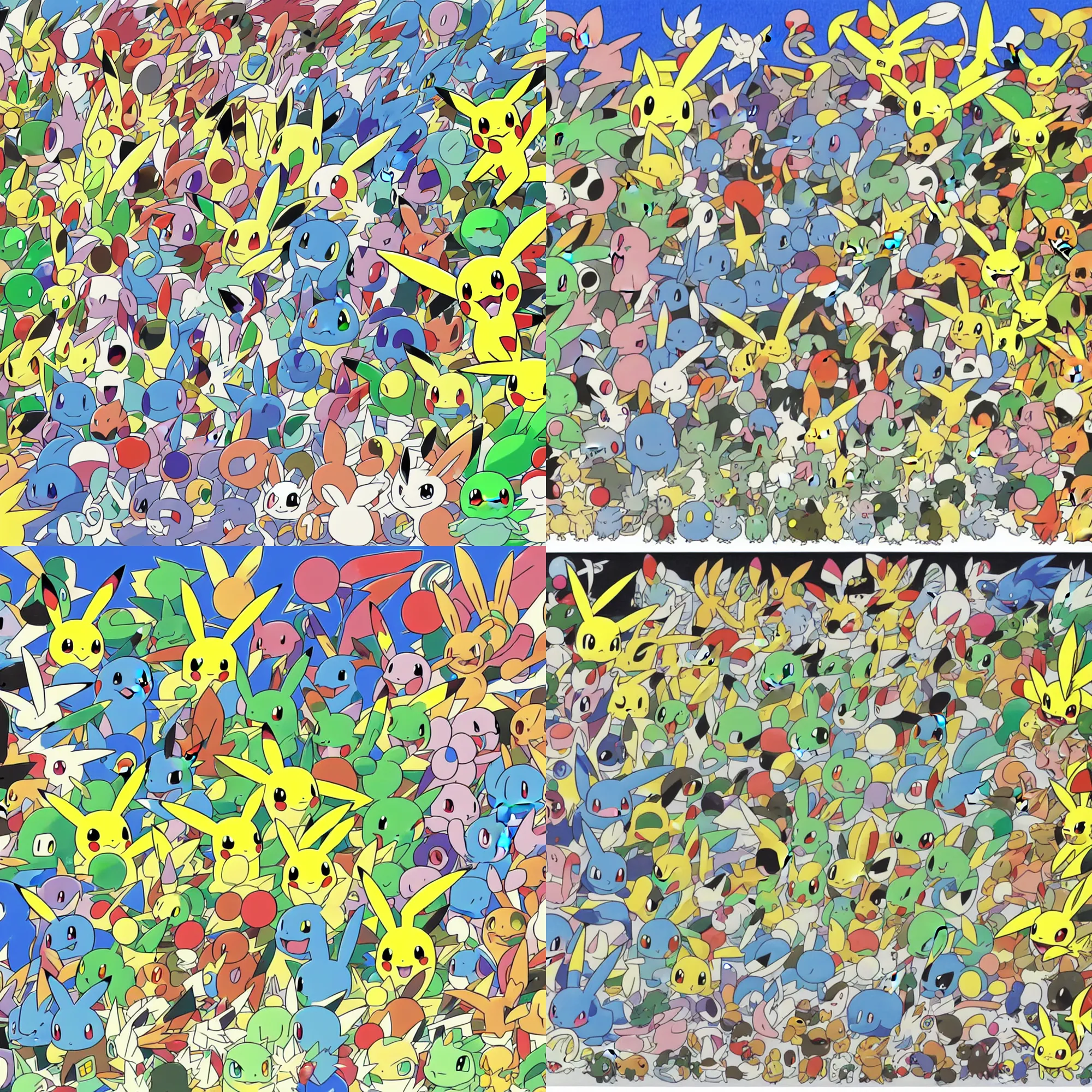 Image similar to official art of a diverse, rainbow-colored crowd of Pokemon, by Ken Sugimori, Bulbapedia,