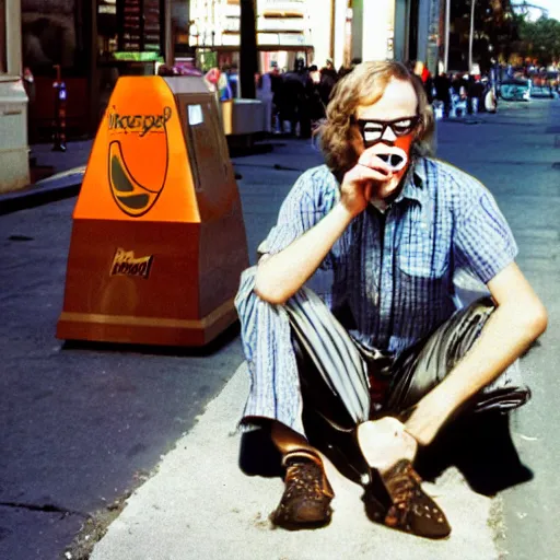 Image similar to hugh hopper on a street corner eating an orange and sipping pepsi