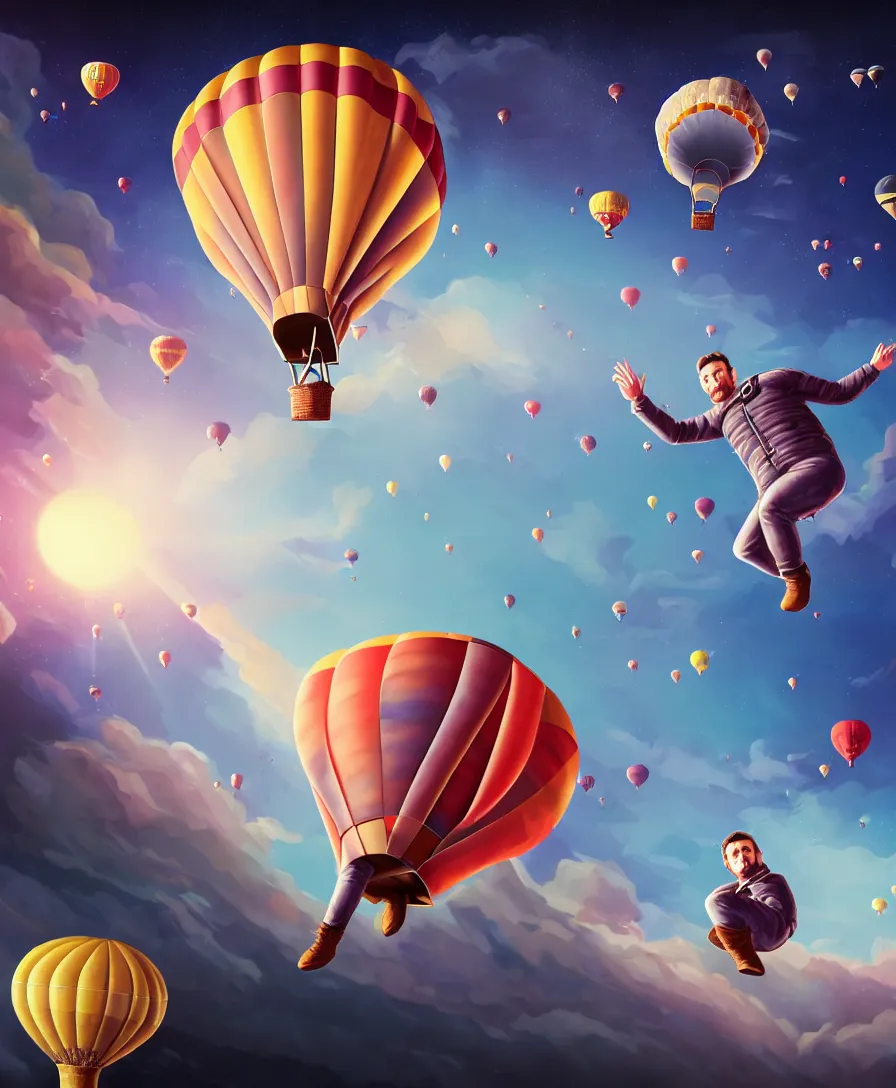 Prompt: highly detailed portrait of a man flying in hot air balloon in the space, in the style of greg rutsowski, wide angle shot, hyper realistic, concept art, 8 k detail post - processing